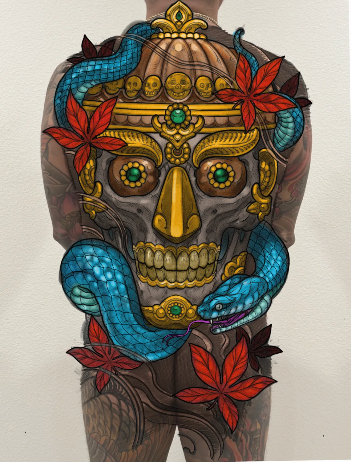 Illustrative kapala skull and snake color back piece by Terry Ribera, San Diego