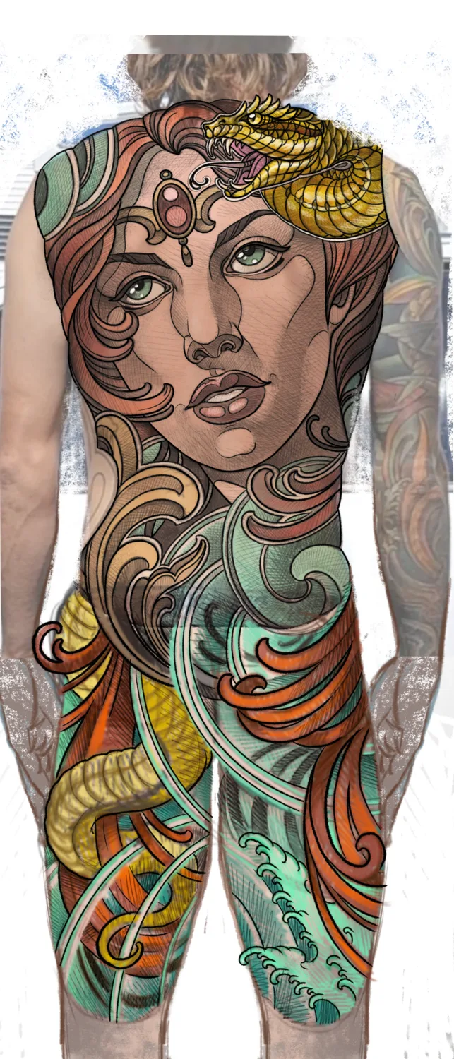 Illustrative ornamental color body suit by Terry Ribera, San Diego