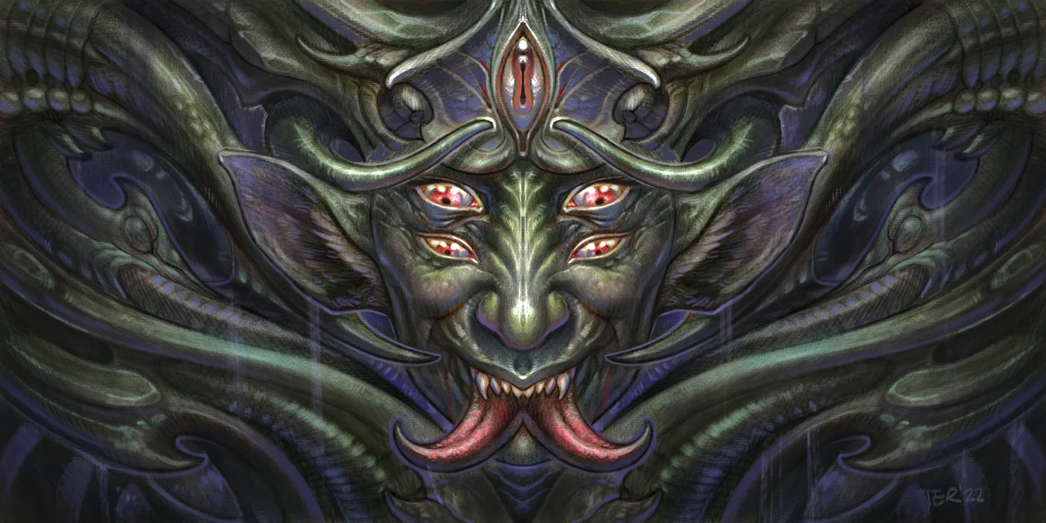 Illustrative ornamental creature painting by Terry Ribera, San Diego