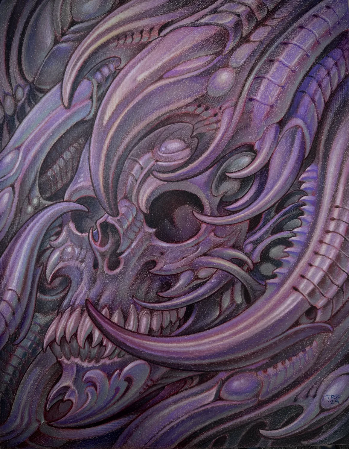 Illustrative purple biomech skull painting by Terry Ribera, San Diego