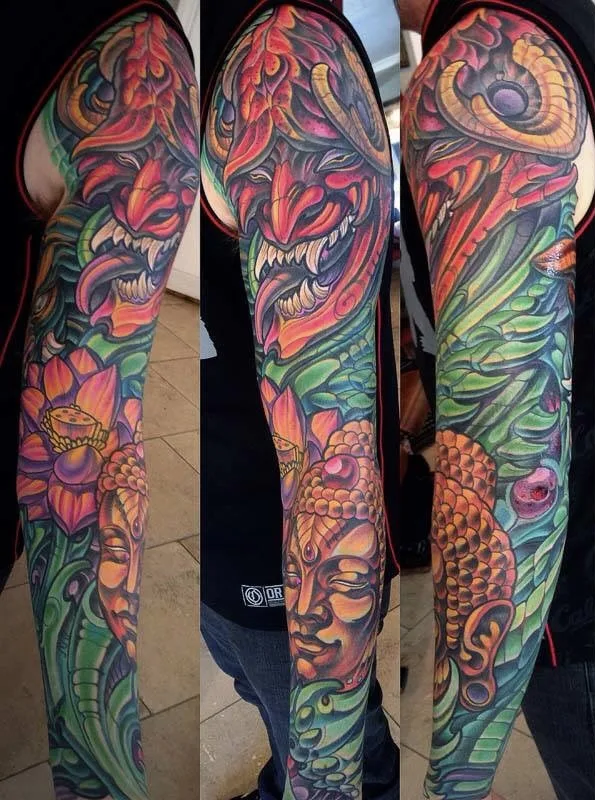 Illustrative red dragon color leg sleeves by Terry Ribera, San Diego