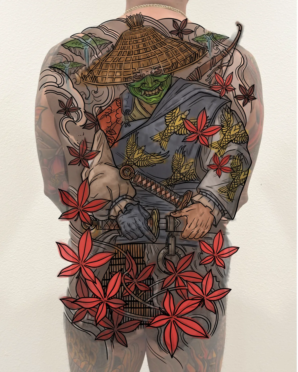 Illustrative samurai and maple color back piece by Terry Ribera, San Diego