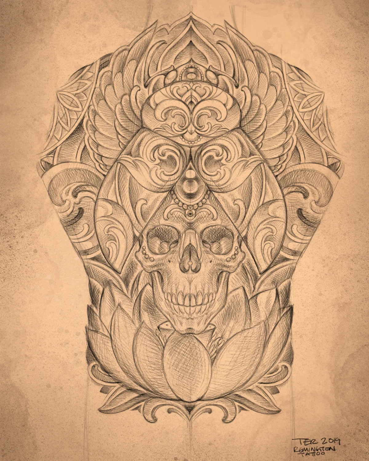Illustrative skull and lotus back design drawing by Terry Ribera, San Diego