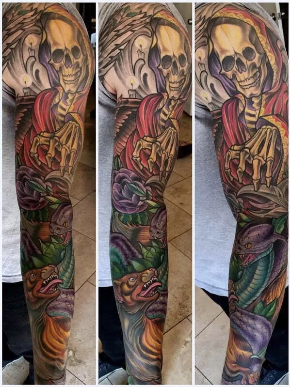 Illustrative skull and snake color sleeve by Terry Ribera, San Diego