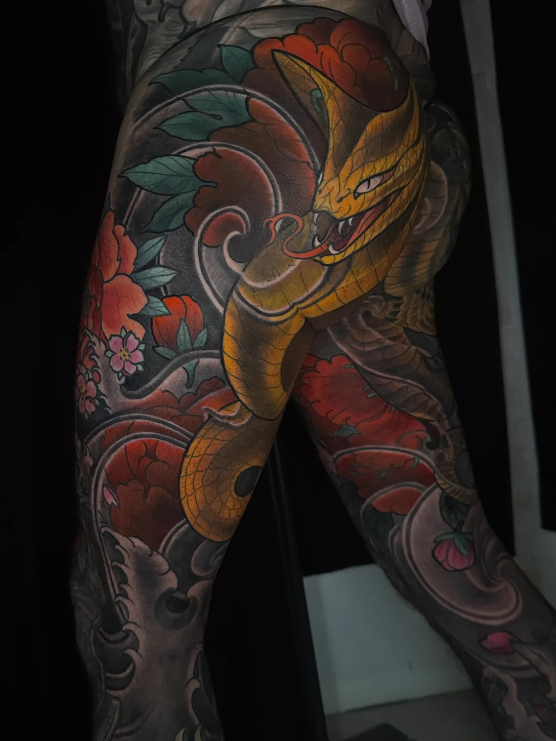 Illustrative snake and peony color leg sleeve by Terry Ribera, San Diego