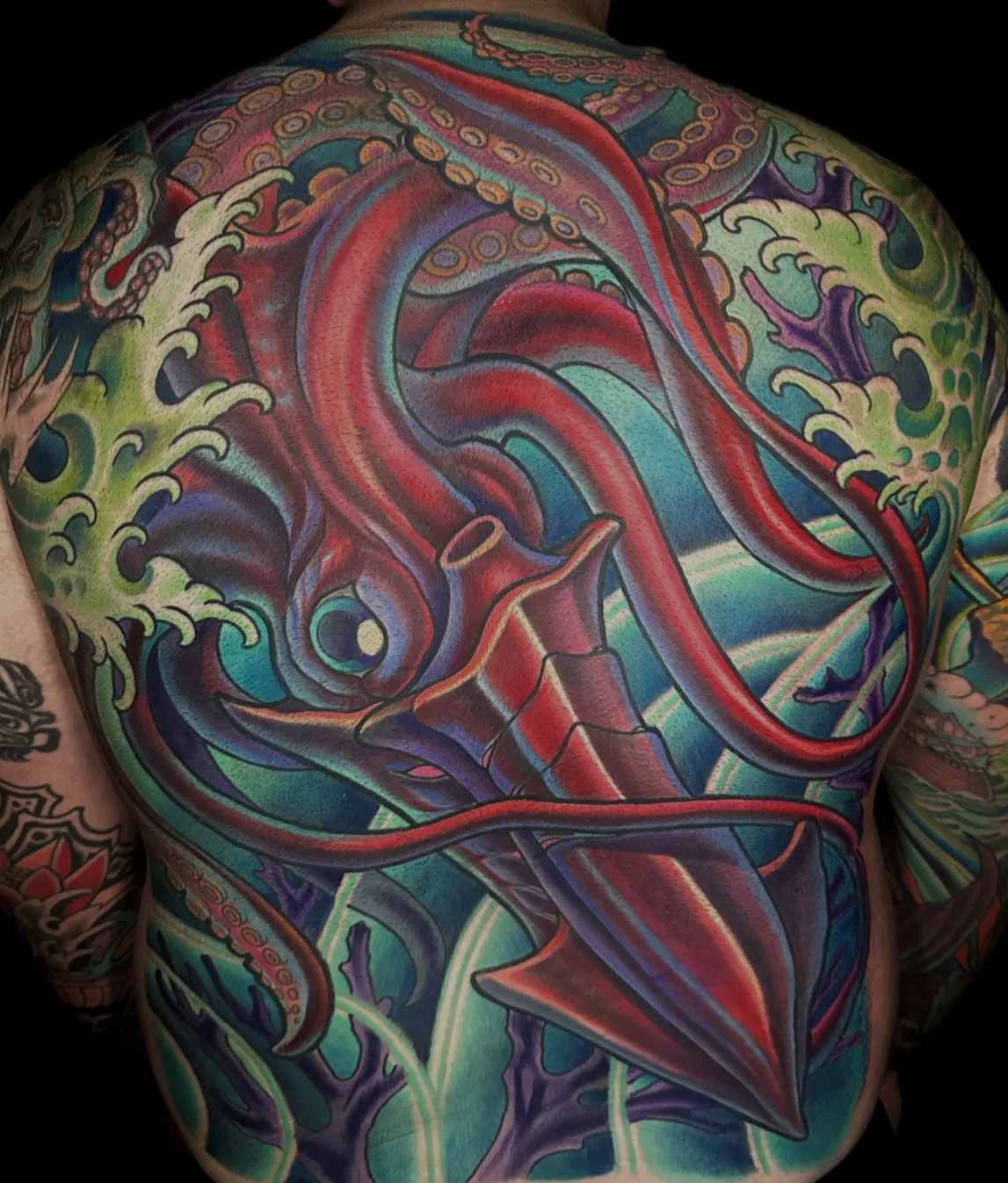 Illustrative squid color back piece by Terry Ribera, San Diego