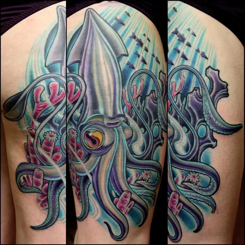 Illustrative squid color thigh tattoo by Terry Ribera, San Diego