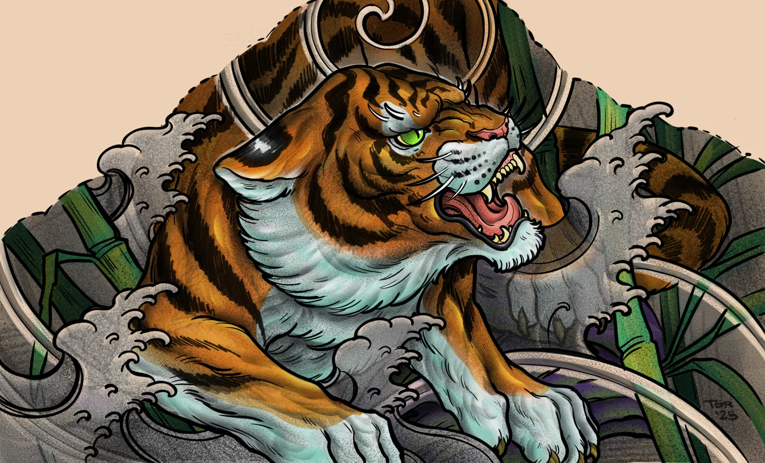 Illustrative tiger and waves painting by Terry Ribera, San Diego