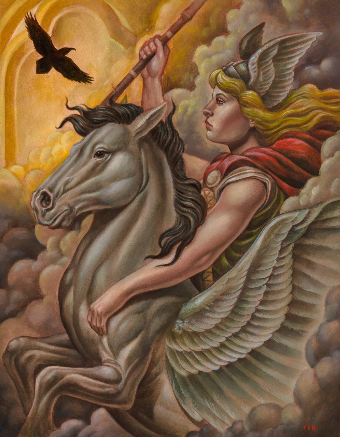 Illustrative valkyrie on pegasus painting by Terry Ribera, San Diego