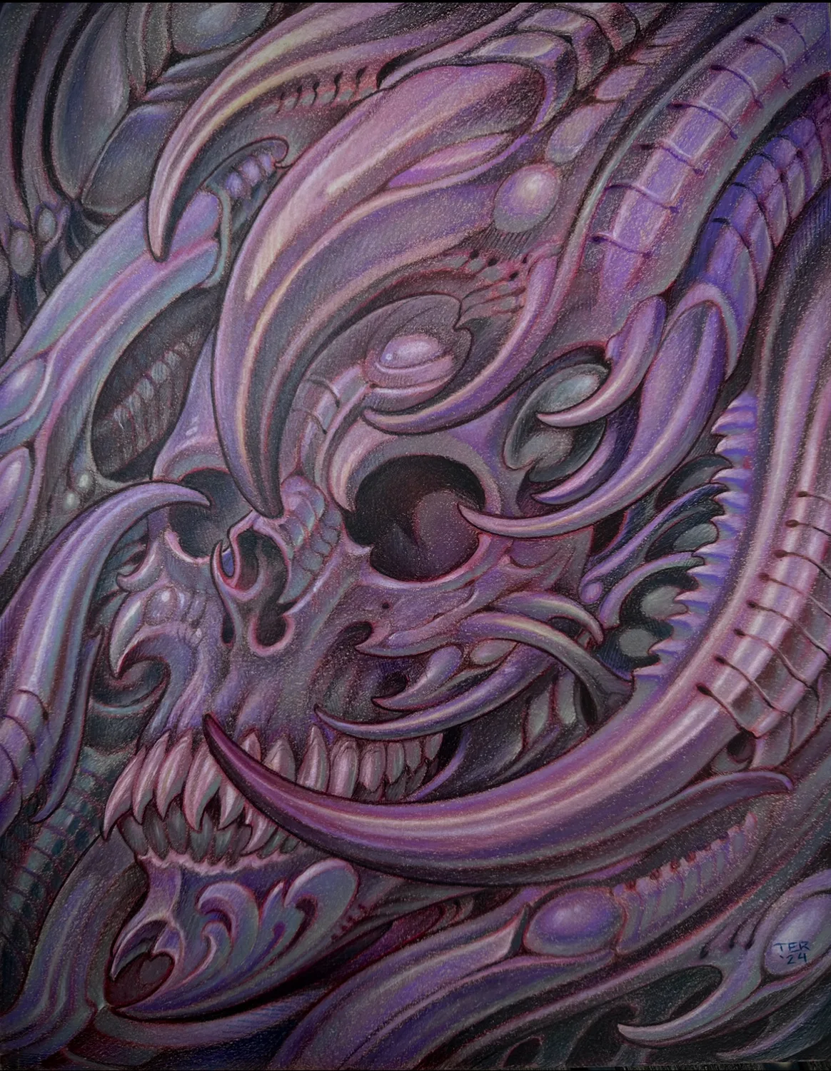 Illustrative violet biomech skull painting by Terry Ribera, San Diego