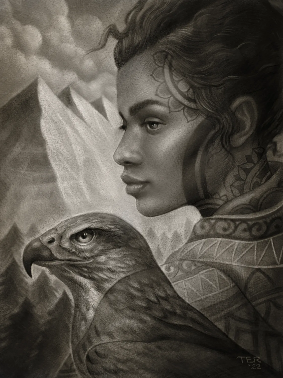 Illustrative woman and hawk graphite drawing by Terry Ribera, San Diego