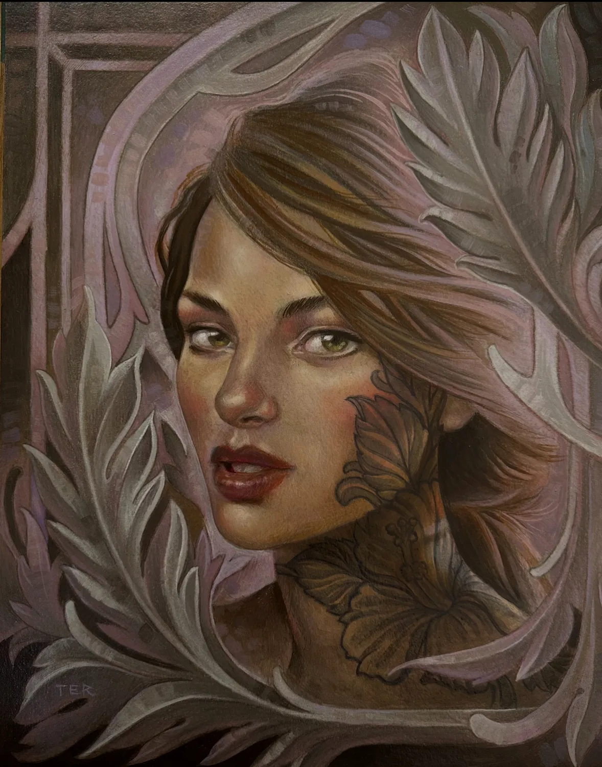 Illustrative woman in ornamental leaves painting by Terry Ribera, San Diego