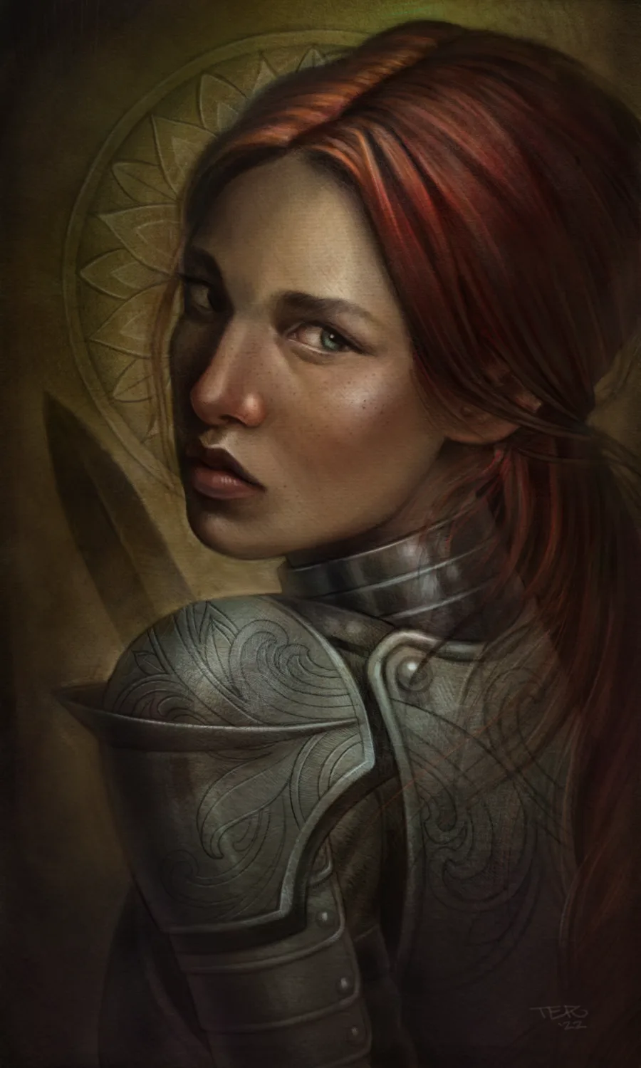 Illustrative woman portrait in armor painting by Terry Ribera, San Diego