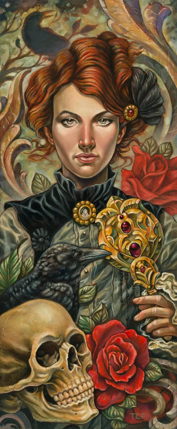 Illustrative woman skull and roses painting by Terry Ribera, San Diego