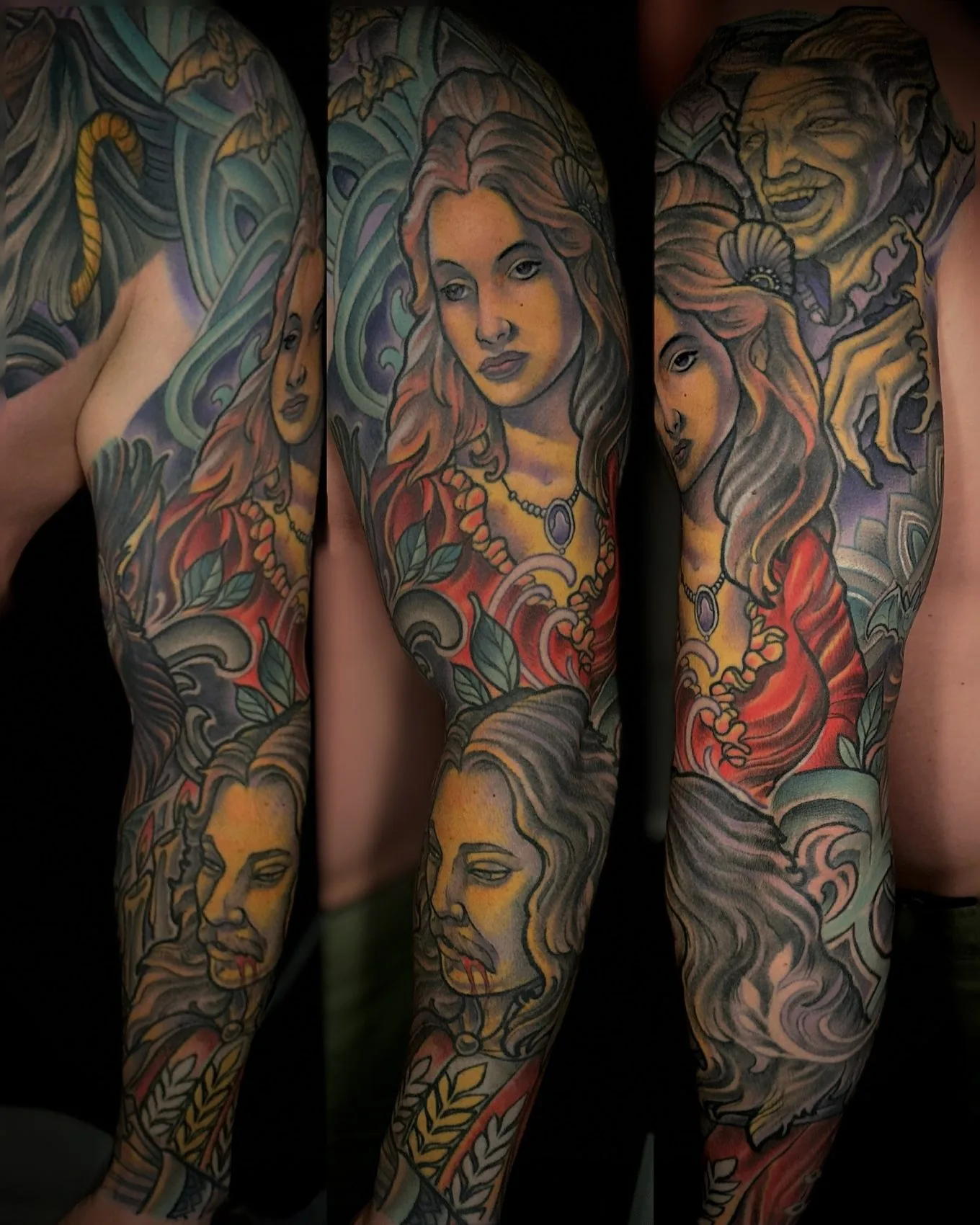 Art Nouveau full color arm sleeve and half chest panel tattoo of three female portraits with flowing hair and ornamental framing, shown from three angles by Terry Ribera at Remington Tattoo in San Diego.