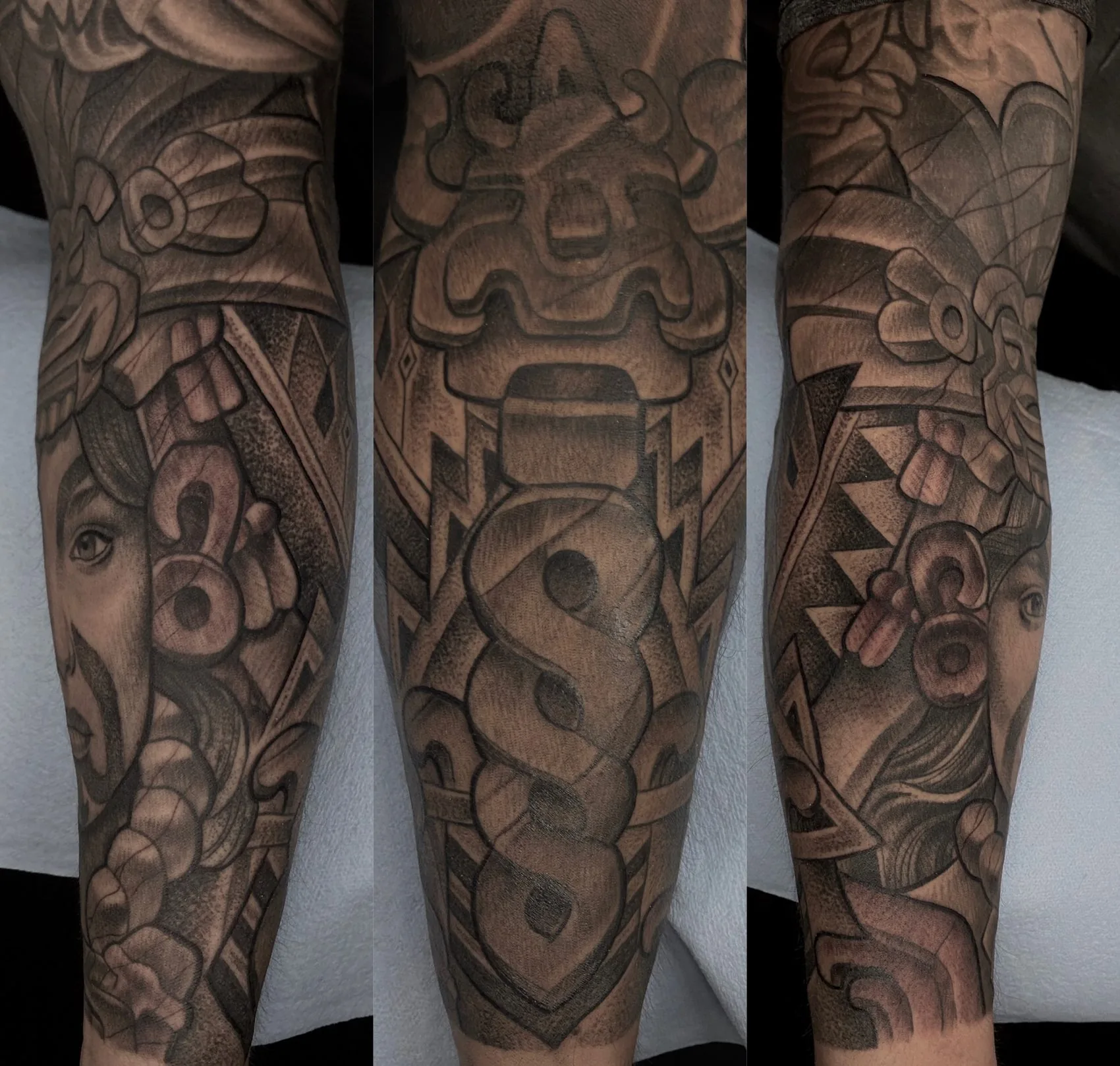 Black and grey leg tattoo showing the reverse of the same piece with Aztec glyph and serpent motifs, shown from three angles by Terry Ribera at Remington Tattoo in San Diego.