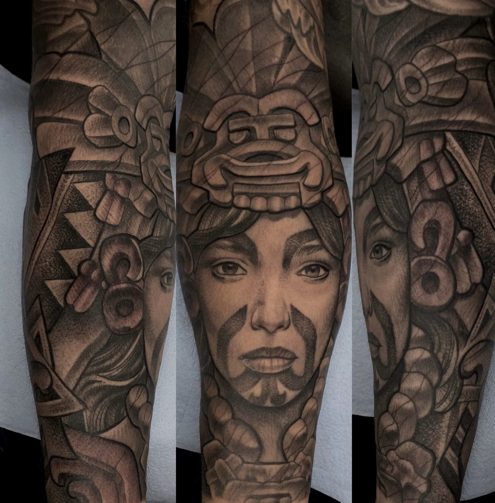 Black and grey leg tattoo of an Aztec woman in a feathered headdress with geometric patterning, shown from three angles by Terry Ribera at Remington Tattoo in San Diego.