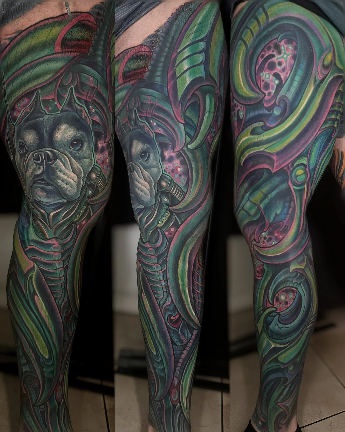 The same bio-organic leg sleeve showing a French bulldog portrait worked into the design, shown from three angles by Terry Ribera at Remington Tattoo in San Diego.