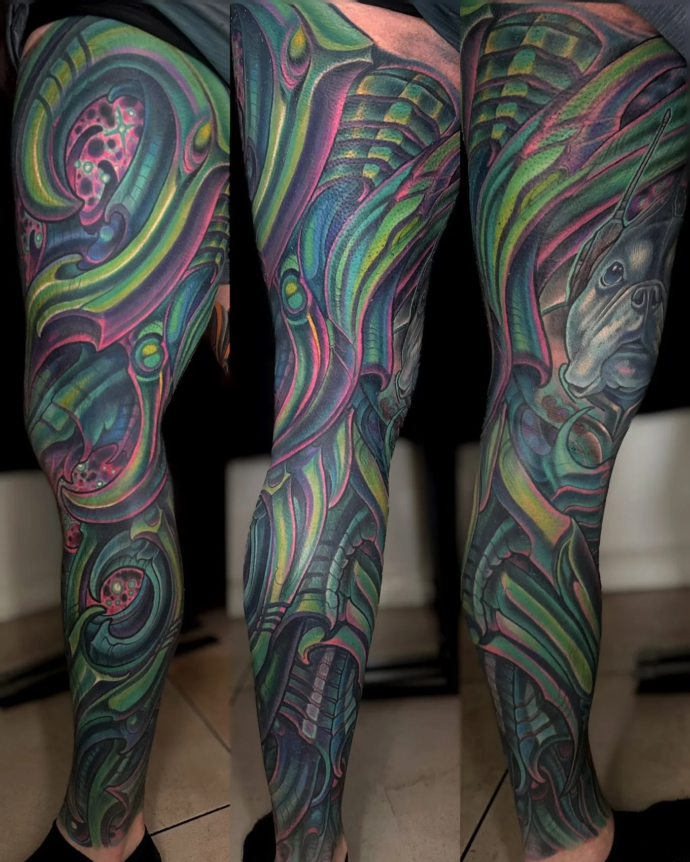 Bio-organic full leg sleeve tattoo in green and pink with flowing abstract forms, shown from three angles by Terry Ribera at Remington Tattoo in San Diego.