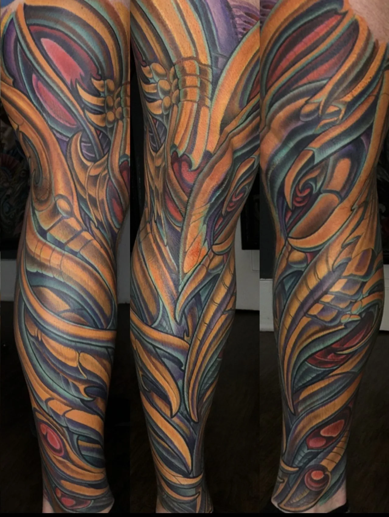 Bio-organic three-quarter leg tattoo in orange, teal and purple with flowing abstract forms, shown from three angles by Terry Ribera at Remington Tattoo in San Diego.