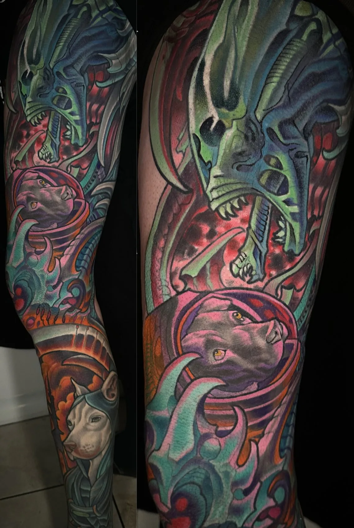 Biomechanical bodysuit tattoo, arm sleeve with a pink panther and alien skull among biomech structure, shown from two angles by Terry Ribera at Remington Tattoo in San Diego.