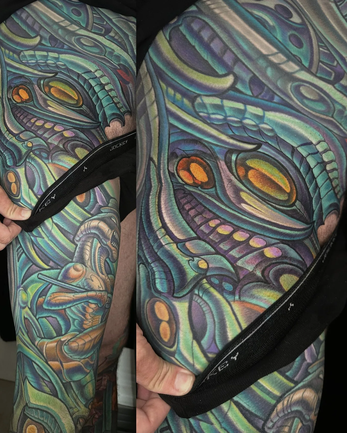 Biomechanical bodysuit tattoo, hip and upper thigh detail in green and gold by Terry Ribera at Remington Tattoo in San Diego.