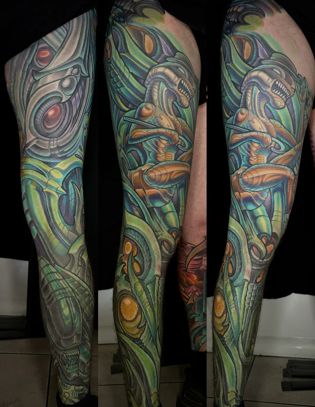 Biomechanical bodysuit tattoo, full leg sleeve in green and grey with alien skull forms, shown from three angles by Terry Ribera at Remington Tattoo in San Diego.