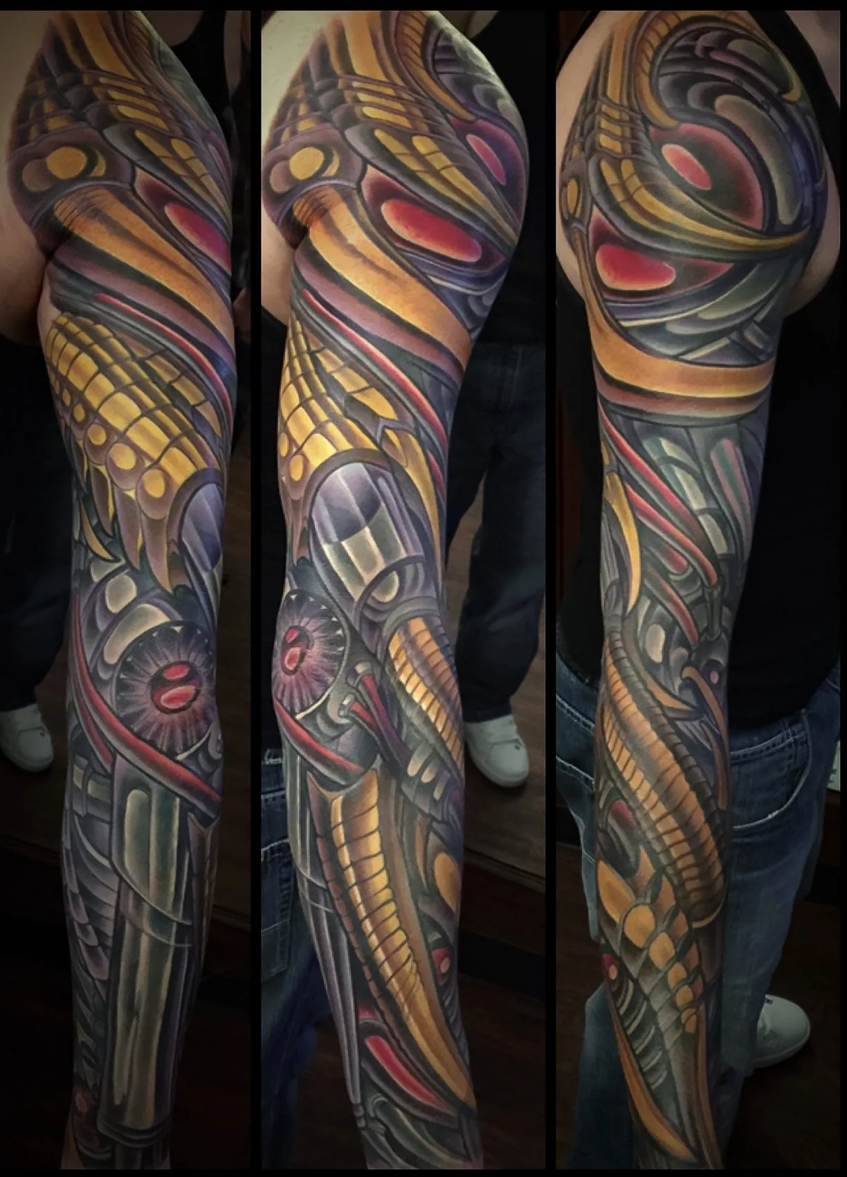 Biomechanical arm sleeve tattoo in gold and purple with organic tubing and a mechanical eye, shown from three angles by Terry Ribera at Remington Tattoo in San Diego.