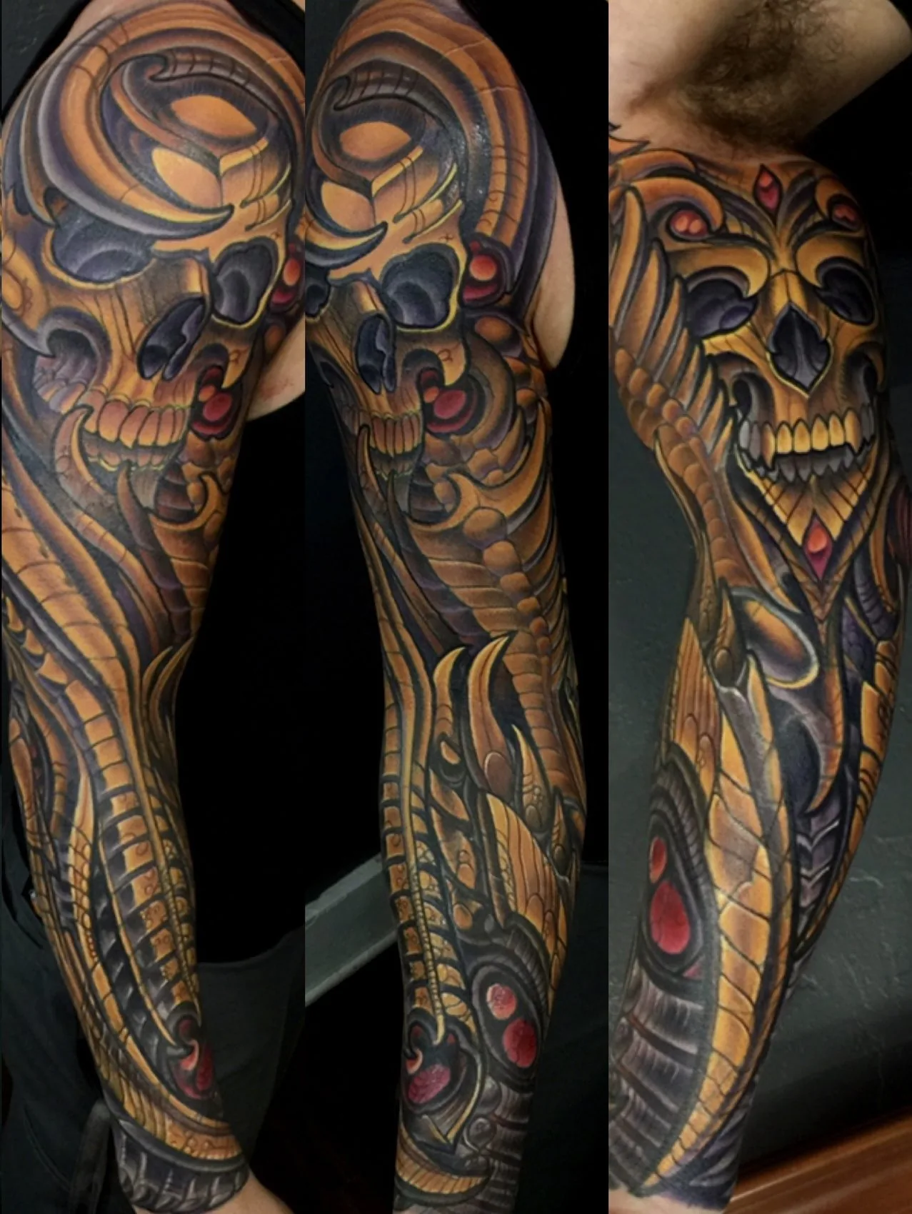 Biomechanical arm sleeve tattoo of a gold skull over purple and grey mechanical structure with red accents, shown from three angles by Terry Ribera at Remington Tattoo in San Diego.