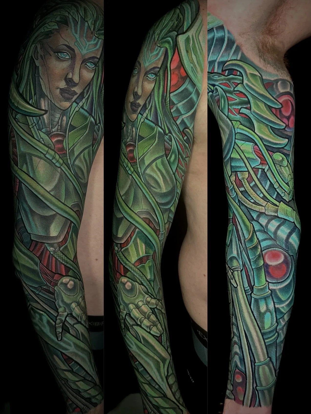 Biomechanical arm sleeve tattoo of a green alien female figure emerging from mechanical structure, shown from three angles by Terry Ribera at Remington Tattoo in San Diego.