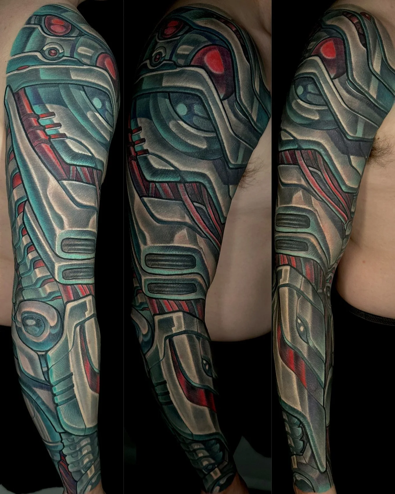 Biomechanical arm sleeve tattoo in teal and silver with mechanical plating and red accents, shown from three angles by Terry Ribera at Remington Tattoo in San Diego.