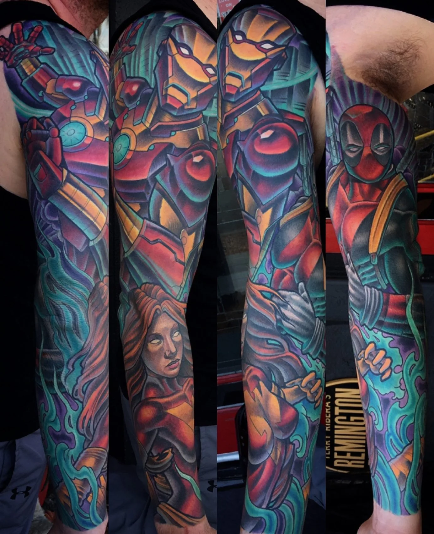Full color illustrative arm sleeve tattoo of armored comic book characters with flame and smoke, shown from four angles by Terry Ribera at Remington Tattoo in San Diego.