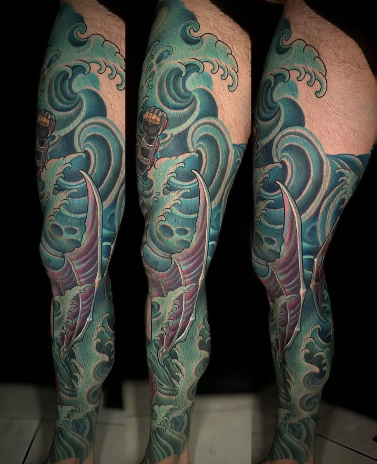 Inside view of the same leg sleeve showing teal waves and a curved blade, shown from three angles by Terry Ribera at Remington Tattoo in San Diego.