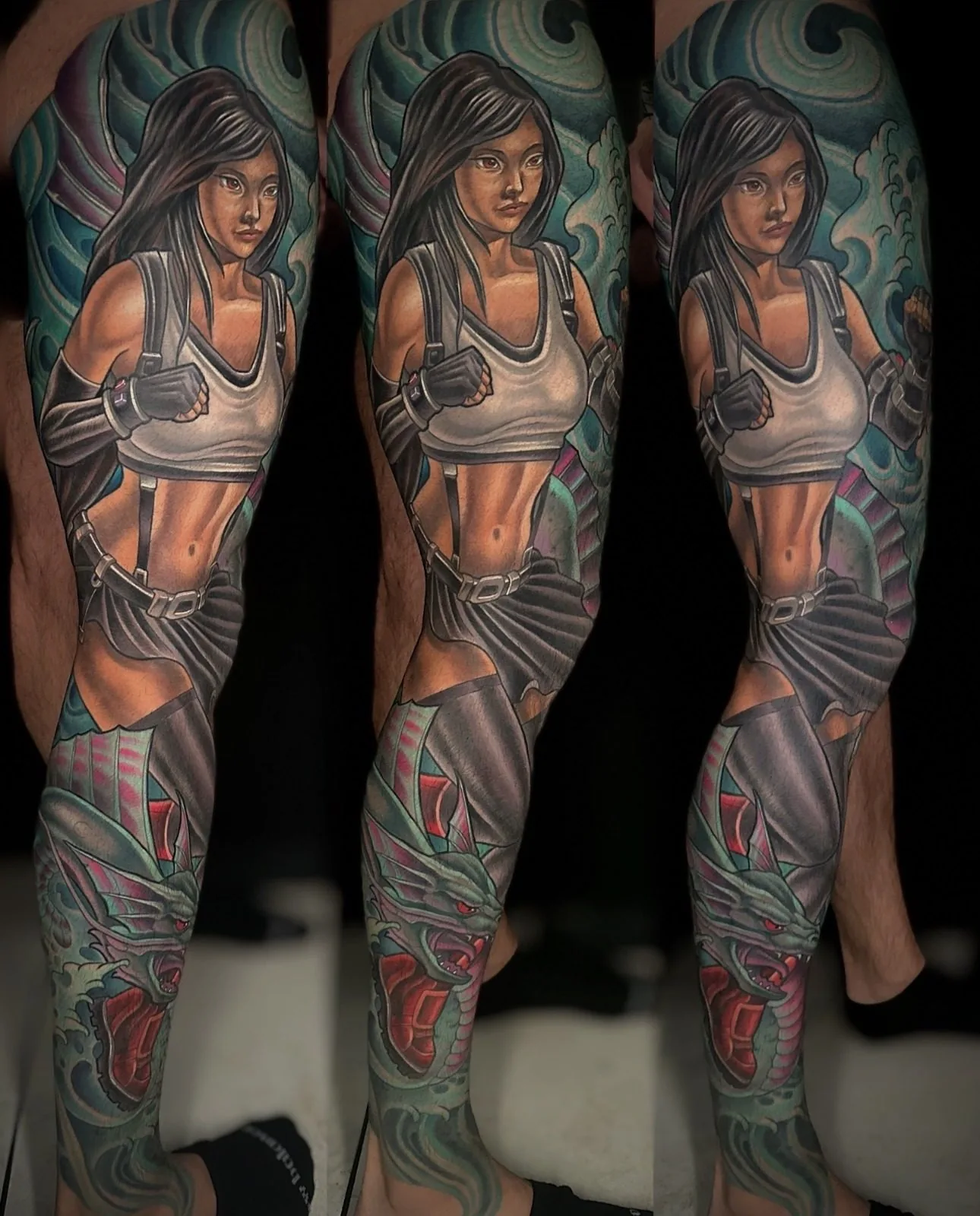 Full color leg sleeve tattoo of a female fighter with wrapped hands over biomech armor, outside view shown from three angles by Terry Ribera at Remington Tattoo in San Diego.