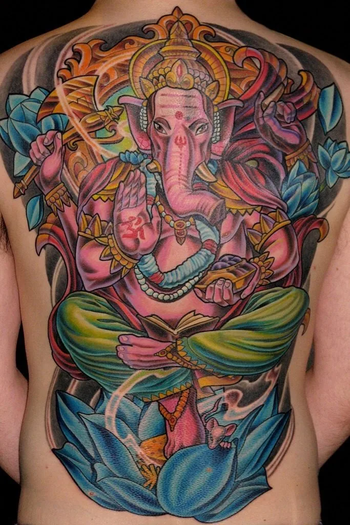 Full color back piece tattoo of Ganesha seated on a blue lotus with ornamental halo by Terry Ribera at Remington Tattoo in San Diego.