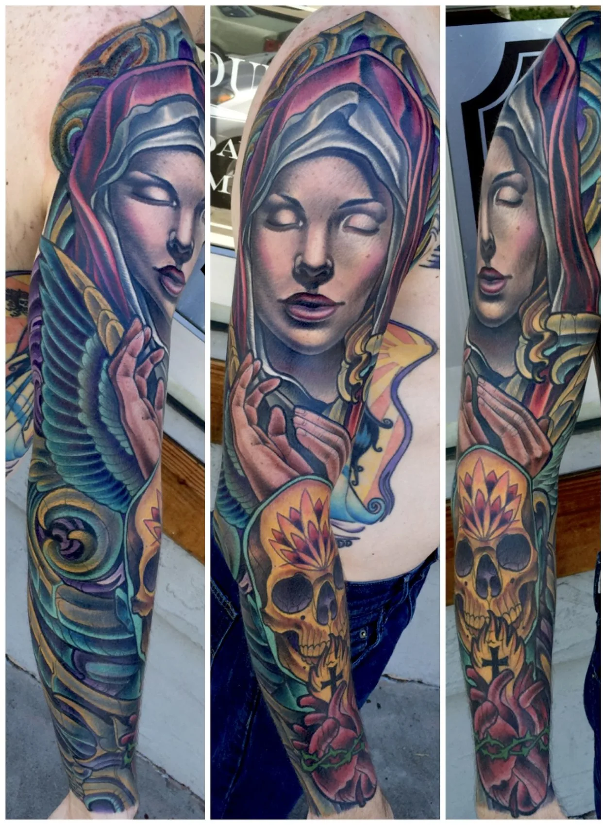 Full color illustrative arm sleeve tattoo of a hooded madonna with wings above a flaming skull and sacred heart, shown from three angles by Terry Ribera at Remington Tattoo in San Diego.