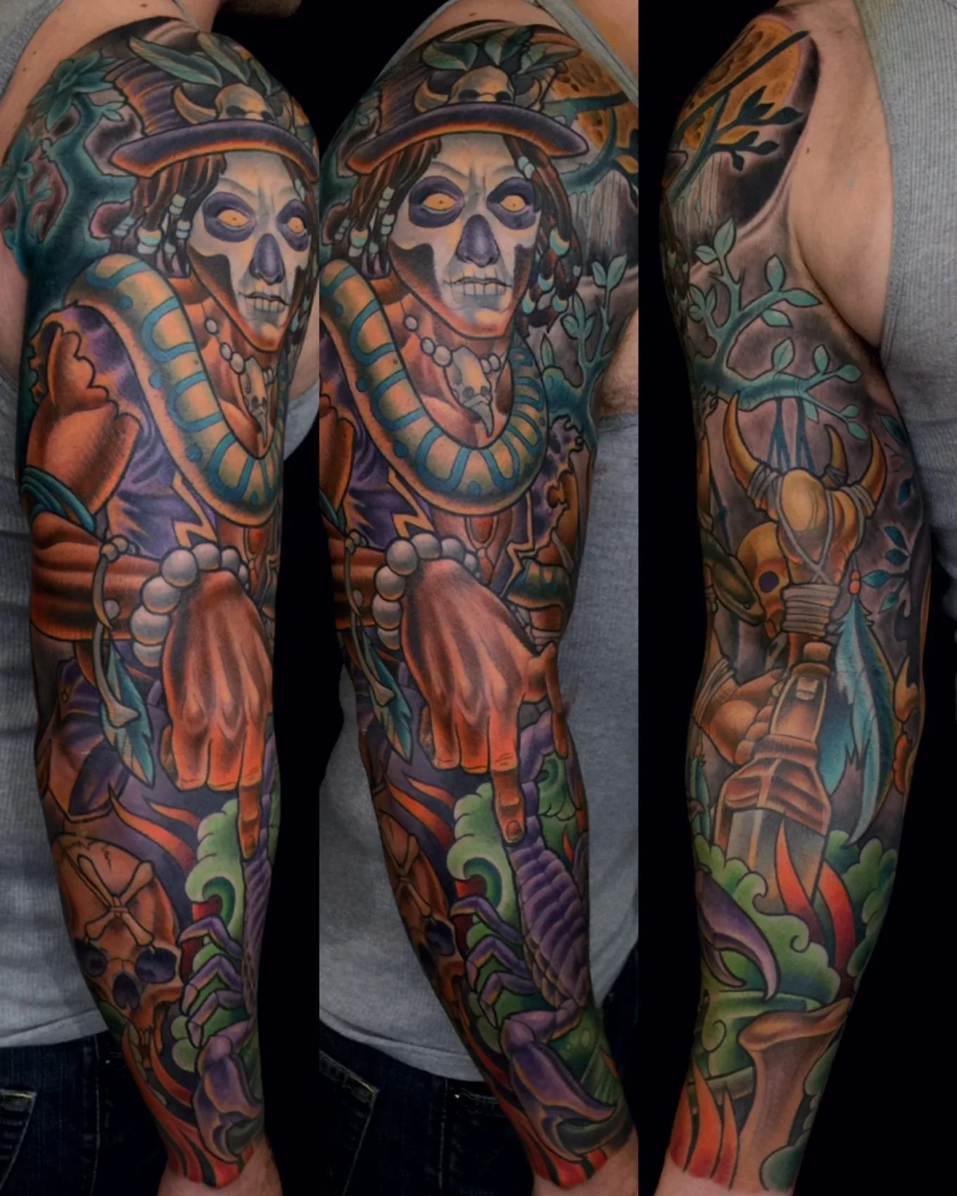 Full color illustrative arm sleeve tattoo of a skeletal figure in a hat with a turquoise serpent, scorpion and staff, shown from three angles by Terry Ribera at Remington Tattoo in San Diego.
