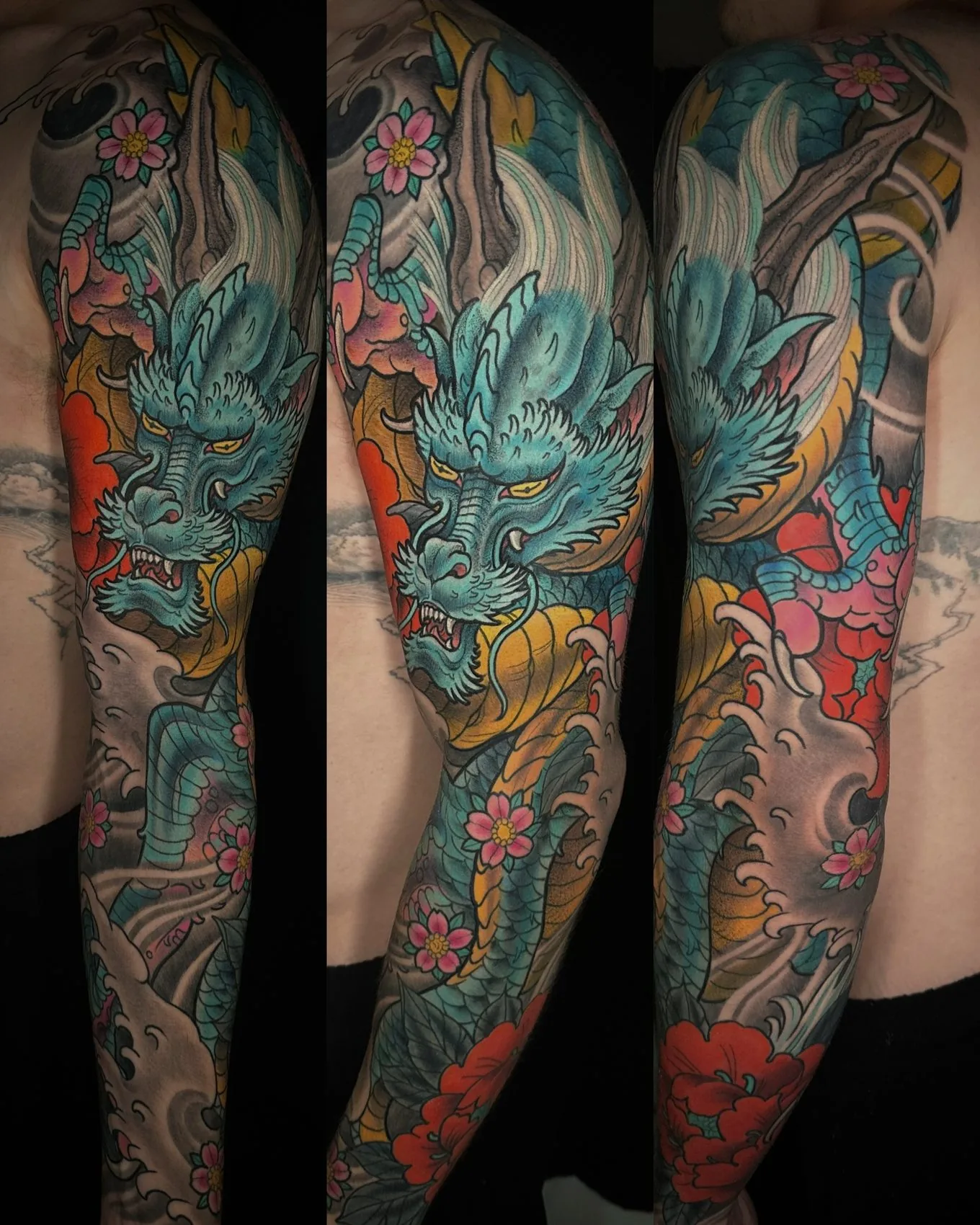 Neo Japanese full color arm sleeve tattoo of a blue dragon with cherry blossoms, red peonies and clouds, shown from three angles by Terry Ribera at Remington Tattoo in San Diego.