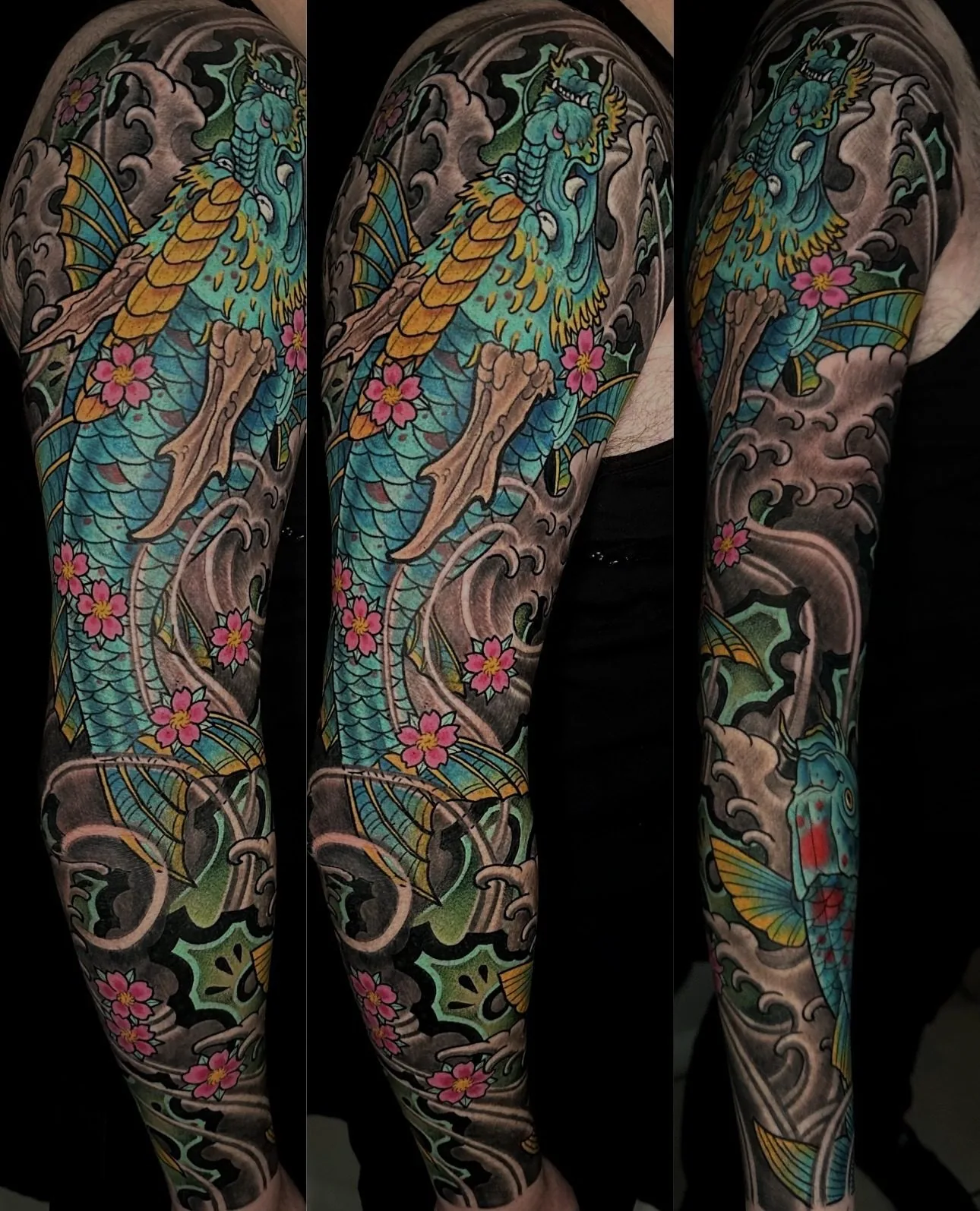 Neo Japanese full color arm sleeve tattoo of a teal dragon and koi with cherry blossoms and black-and-grey waves, shown from three angles by Terry Ribera at Remington Tattoo in San Diego.