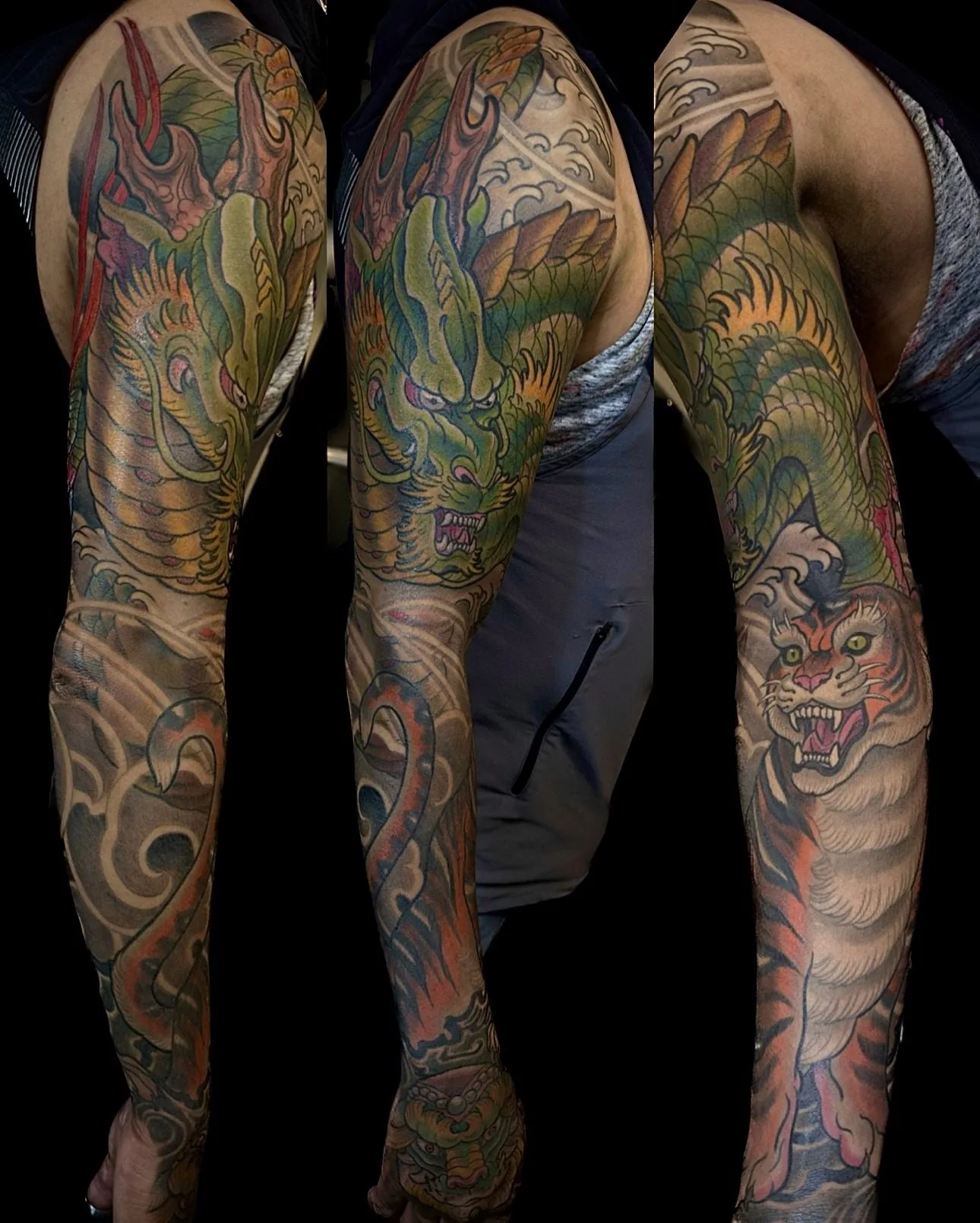 Neo Japanese full color arm sleeve tattoo of a green dragon above a white tiger with clouds and waves, shown from three angles by Terry Ribera at Remington Tattoo in San Diego.