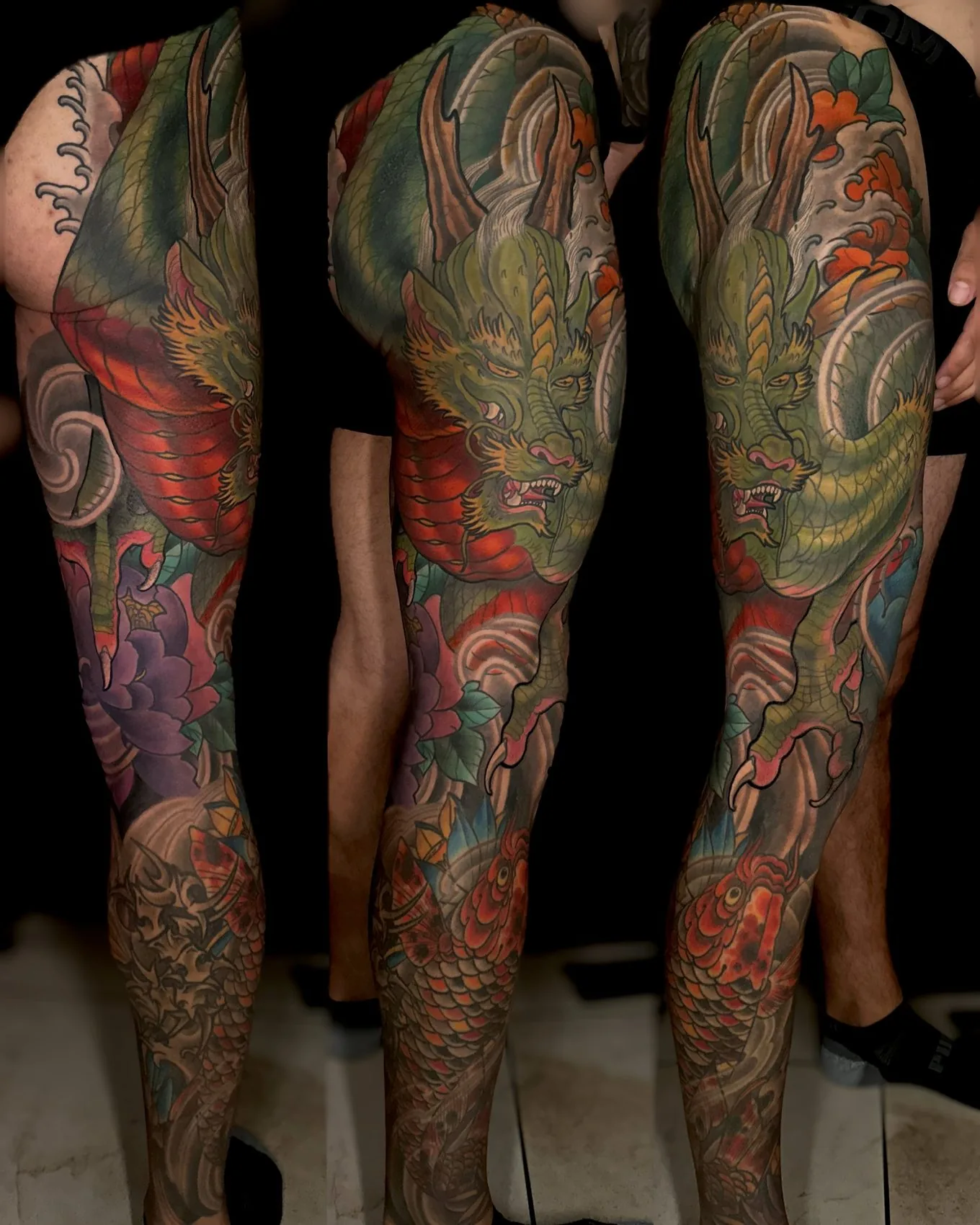 Neo Japanese full color leg sleeve tattoo of a green dragon above a red koi with peonies and waves, shown from three angles by Terry Ribera at Remington Tattoo in San Diego.