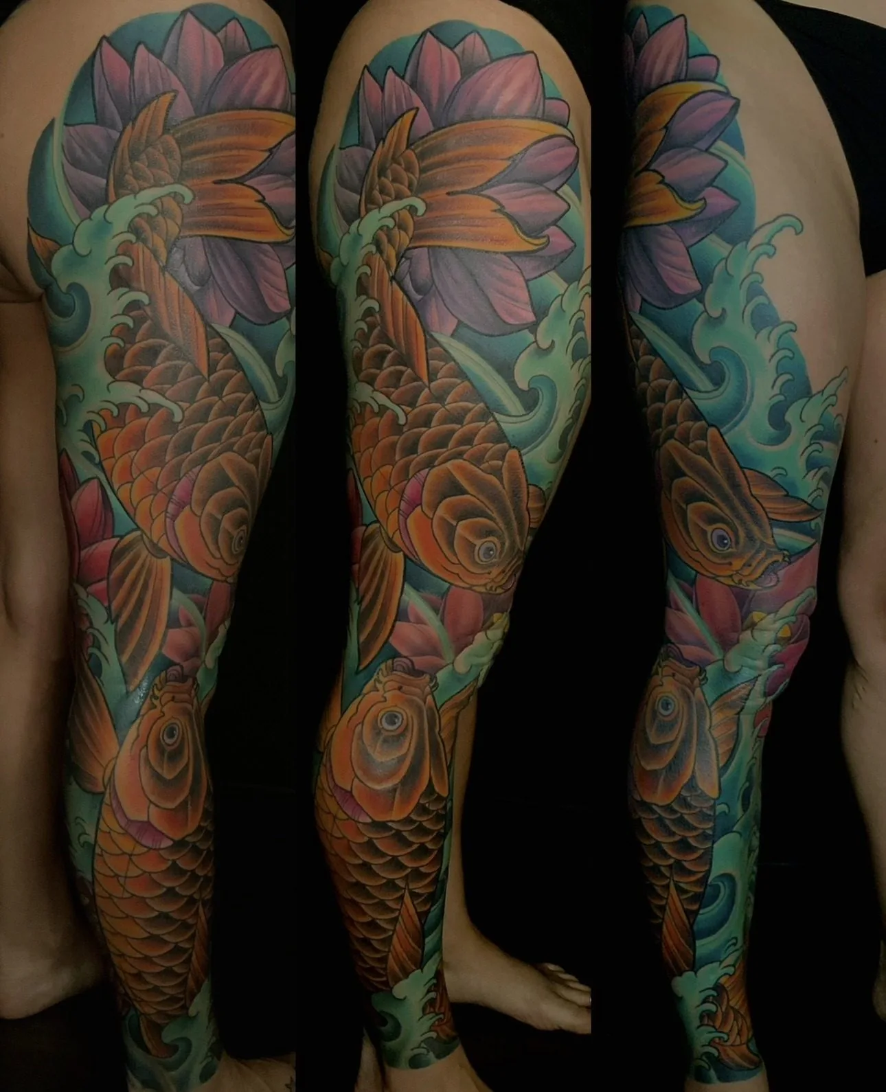 Neo Japanese full color leg tattoo of two orange koi among purple lotus flowers and waves, shown from three angles by Terry Ribera at Remington Tattoo in San Diego.