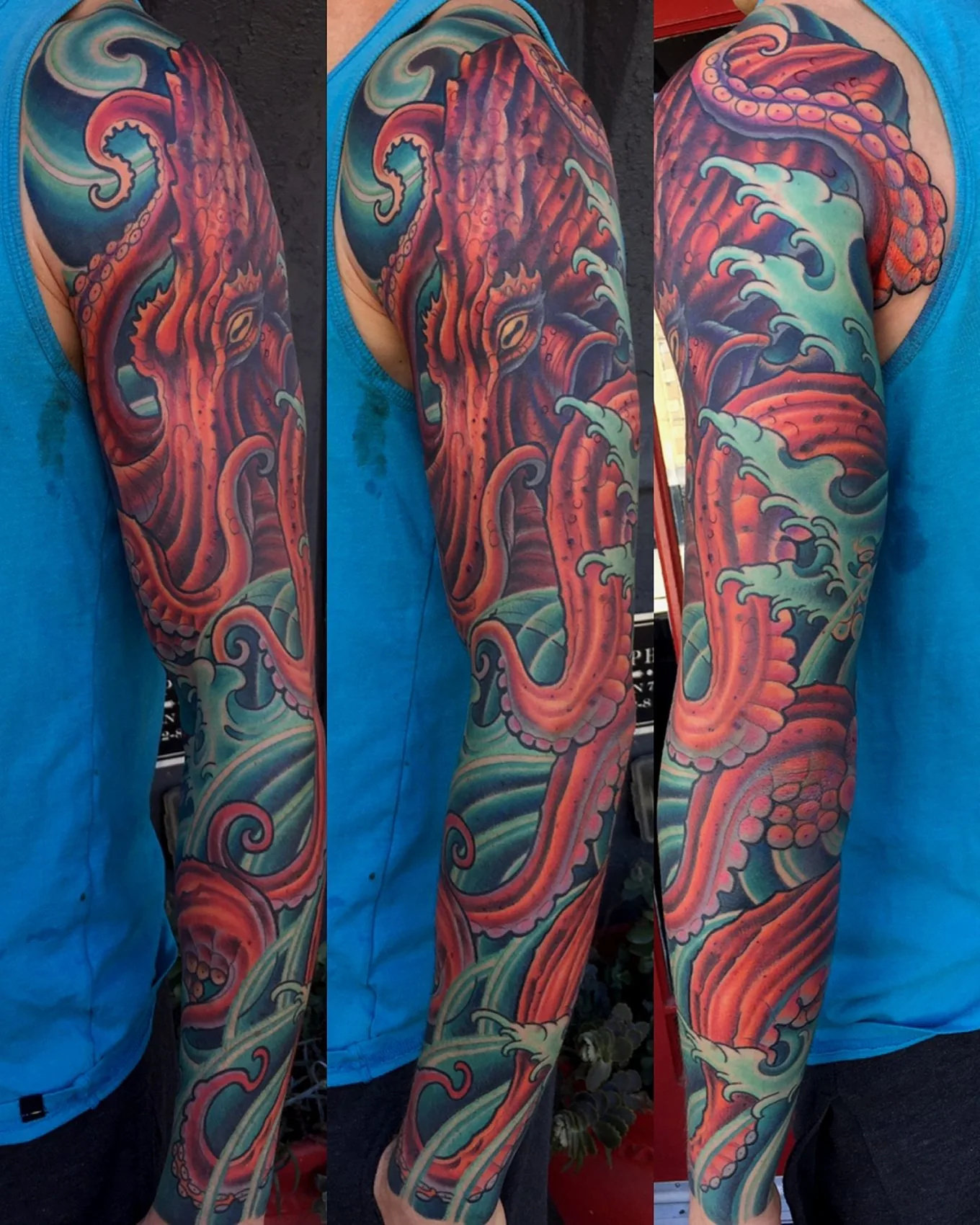 Full color arm sleeve tattoo of a red octopus among teal waves, shown from three angles by Terry Ribera at Remington Tattoo in San Diego.