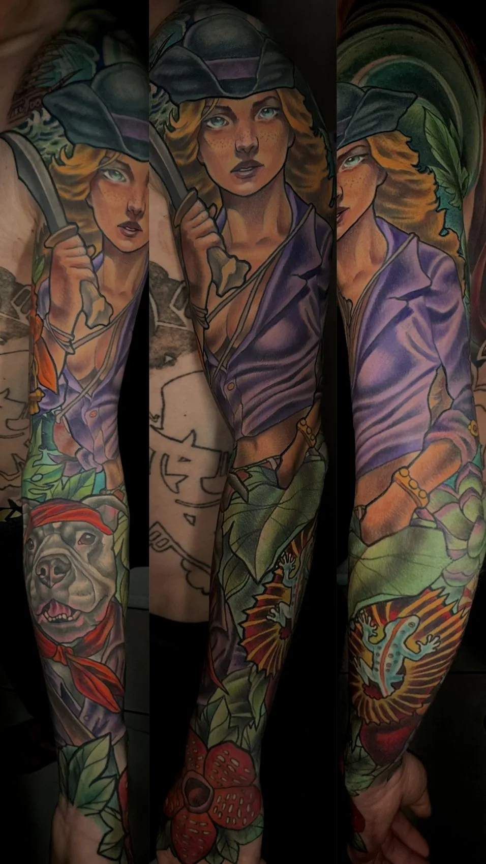 Neo traditional full color arm sleeve and hand tattoo of a pirate woman with a cutlass and a pit bull in a bandana, shown from three angles by Terry Ribera at Remington Tattoo in San Diego.