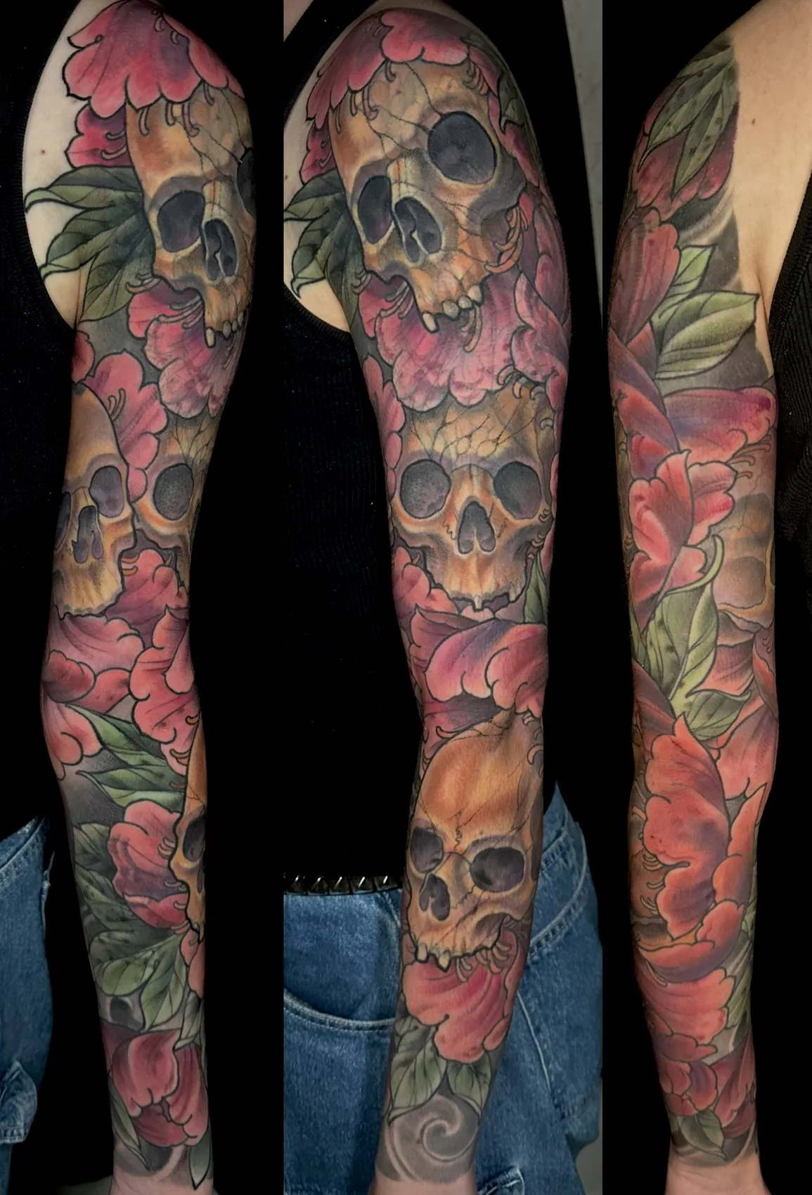 Neo traditional full color arm sleeve tattoo of stacked skulls among red peonies, shown from three angles by Terry Ribera at Remington Tattoo in San Diego.