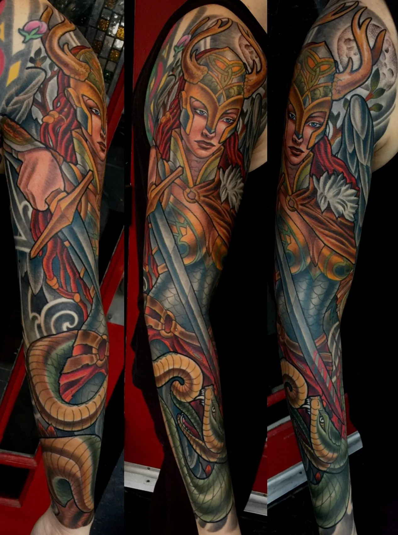 Neo traditional full color arm sleeve tattoo of a horned valkyrie with a sword above a serpent and full moon, shown from three angles by Terry Ribera at Remington Tattoo in San Diego.