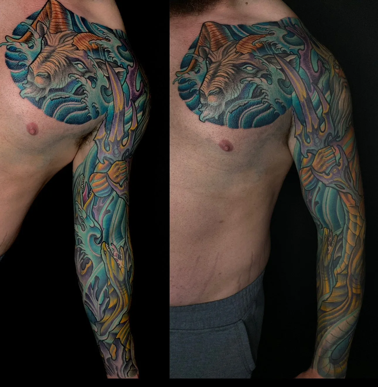 Illustrative wildlife bodysuit tattoo, wolf chest piece with bio-organic sleeves, shown from two angles by Terry Ribera at Remington Tattoo in San Diego.