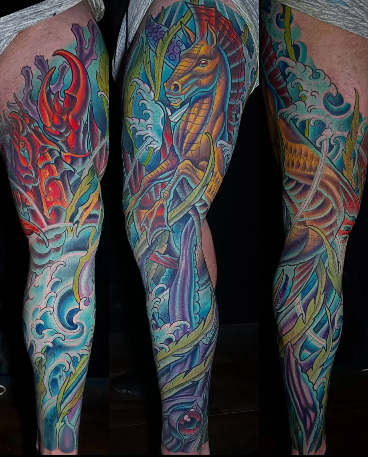 Illustrative wildlife bodysuit tattoo, underwater leg sleeve with a seahorse, kelp and waves, shown from three angles by Terry Ribera at Remington Tattoo in San Diego.
