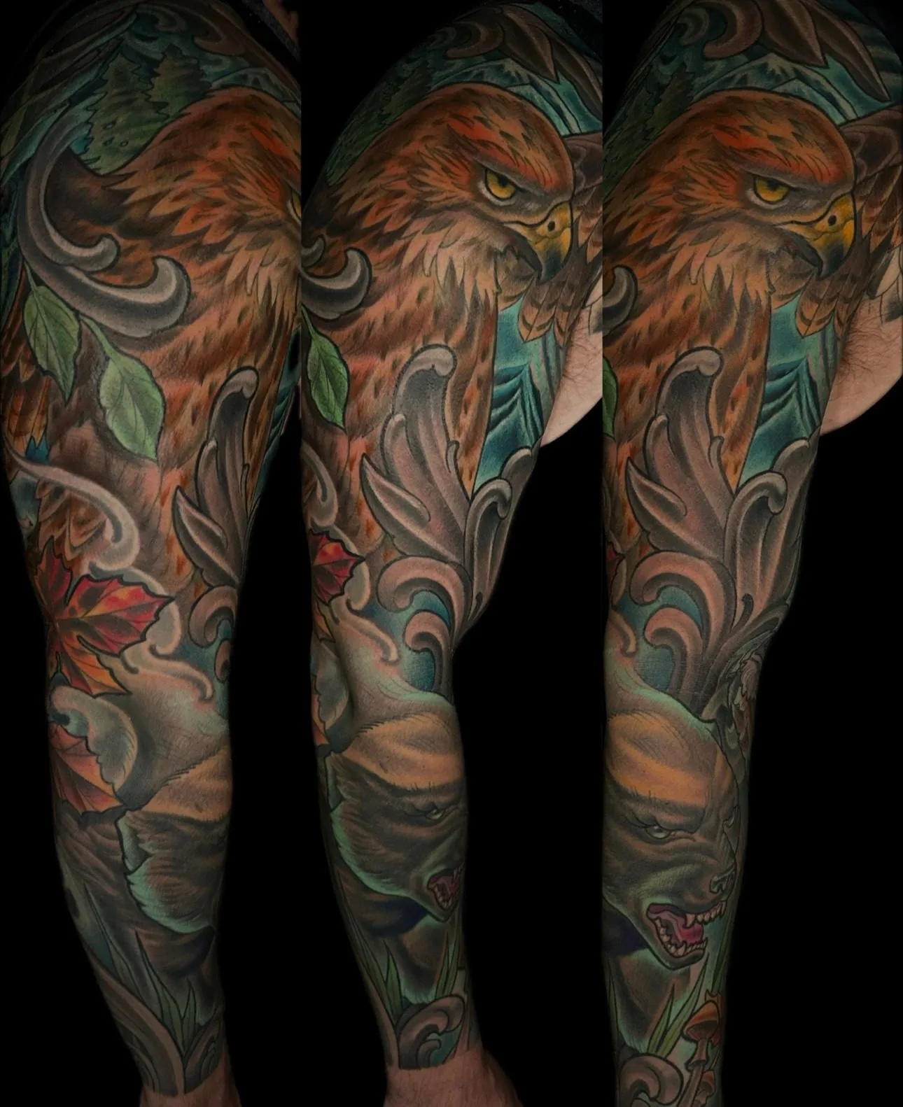 Illustrative wildlife bodysuit tattoo, leg sleeve with a red-tailed hawk above a bear among autumn leaves, shown from three angles by Terry Ribera at Remington Tattoo in San Diego.