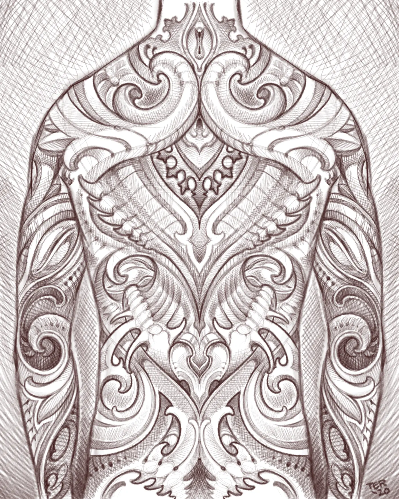 Bio-organic back tattoo pencil drawing showing tonal structure and ornamental flow across the torso by Terry Ribera San Diego